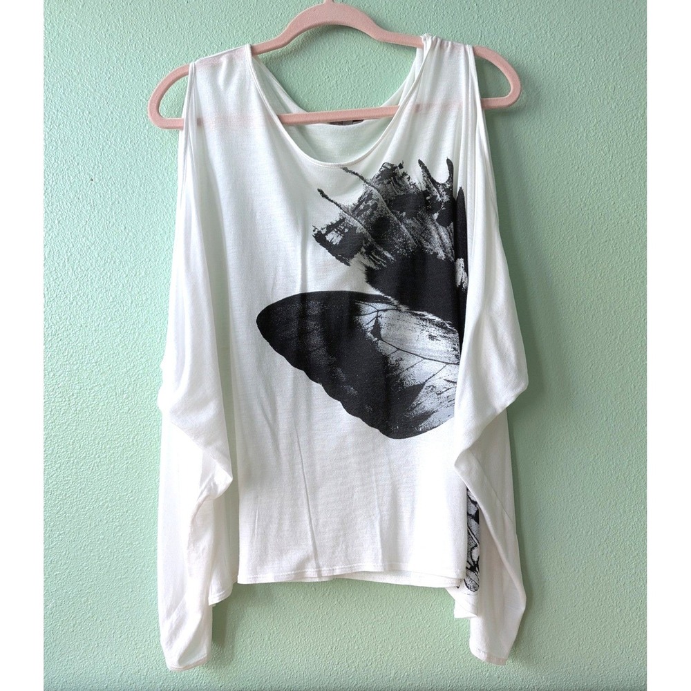 Helmut Lang White Butterfly Graphic Cold Shoulder Draped Oversized Top P/S USA